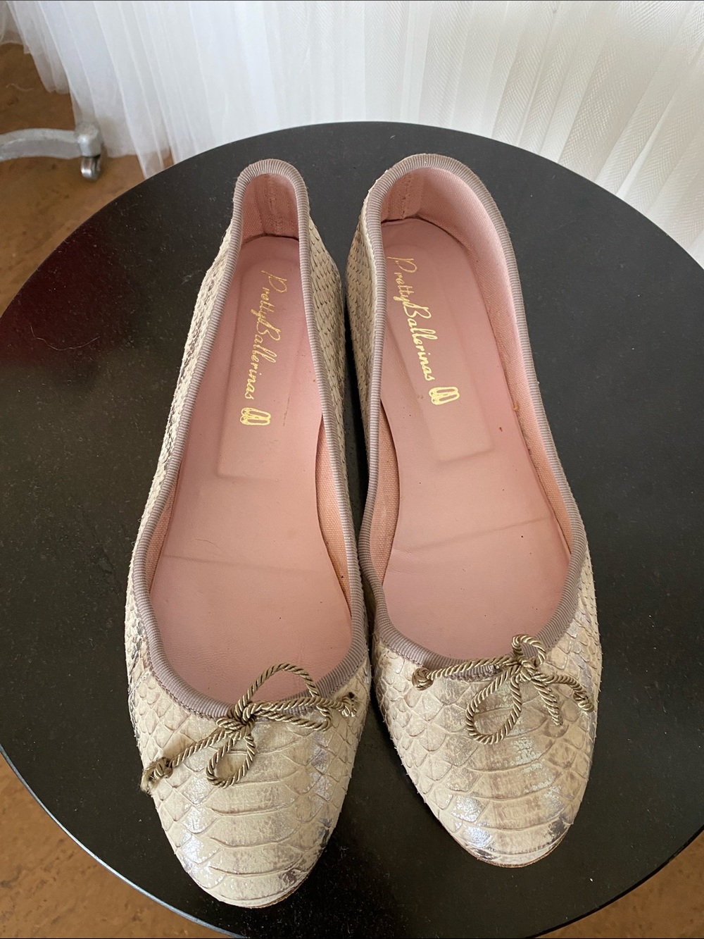 Pretty Ballerinas Beige Snake-Embossed Ballet Flats with Pink Insole Size 9 USA